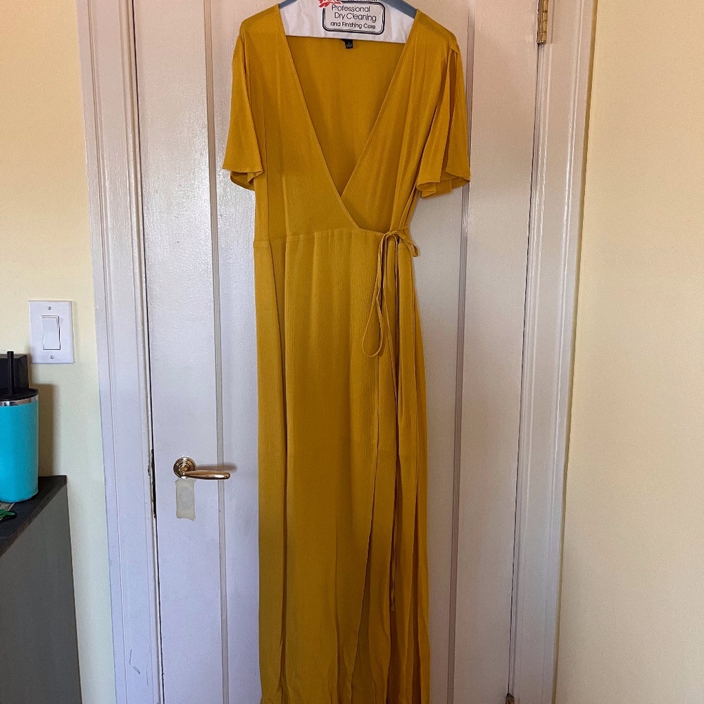 Lulus Much Obliged Golden Yellow Wrap Maxi Dress - Large